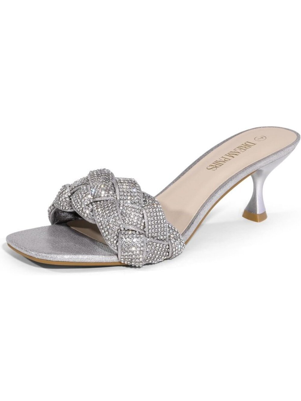 DREAM PAIRS Silver Rhinestone Thermoplastic Rubber Open Toe Low Kitten Heels